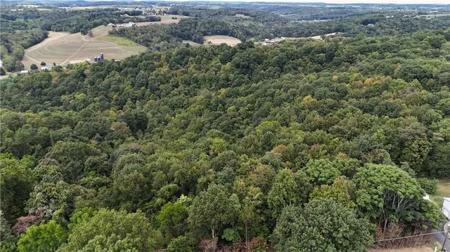 an aerial view of residential house with outdoor space and trees all around