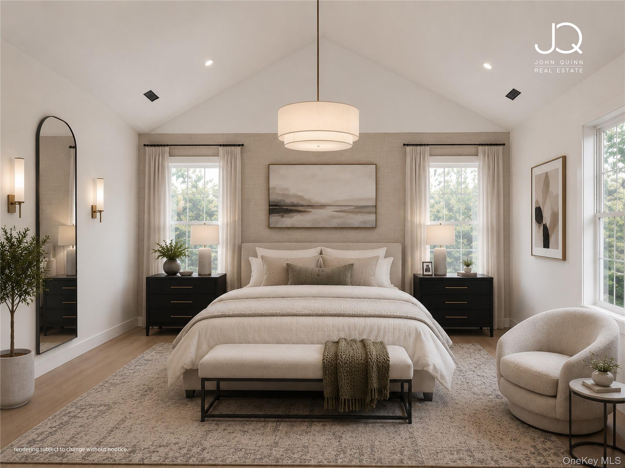 675 Pine Tree Road Cutchogue, NY 11935 - Photo 4 of 6 a bedroom with a bed and a chandelier