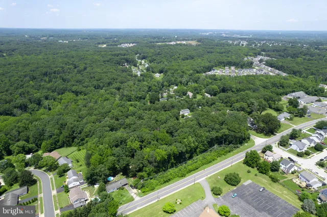 an aerial view of residential houses with outdoor space and trees