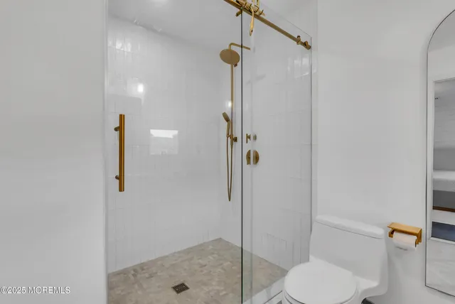 a bathroom with a shower and toilet