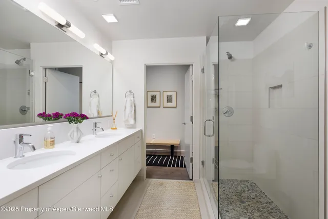 a bathroom with a double vanity sink a mirror and a shower