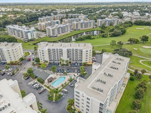 a view of a city with lawn chairs