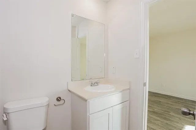 a bathroom with a sink a toilet and a mirror