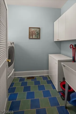 a room with a black and white checkered floor