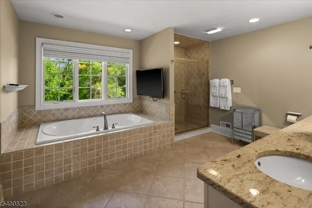 a spacious bathroom with a granite countertop sink a bathtub and a shower