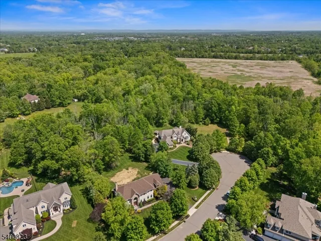 an aerial view of residential house with outdoor space and trees all around