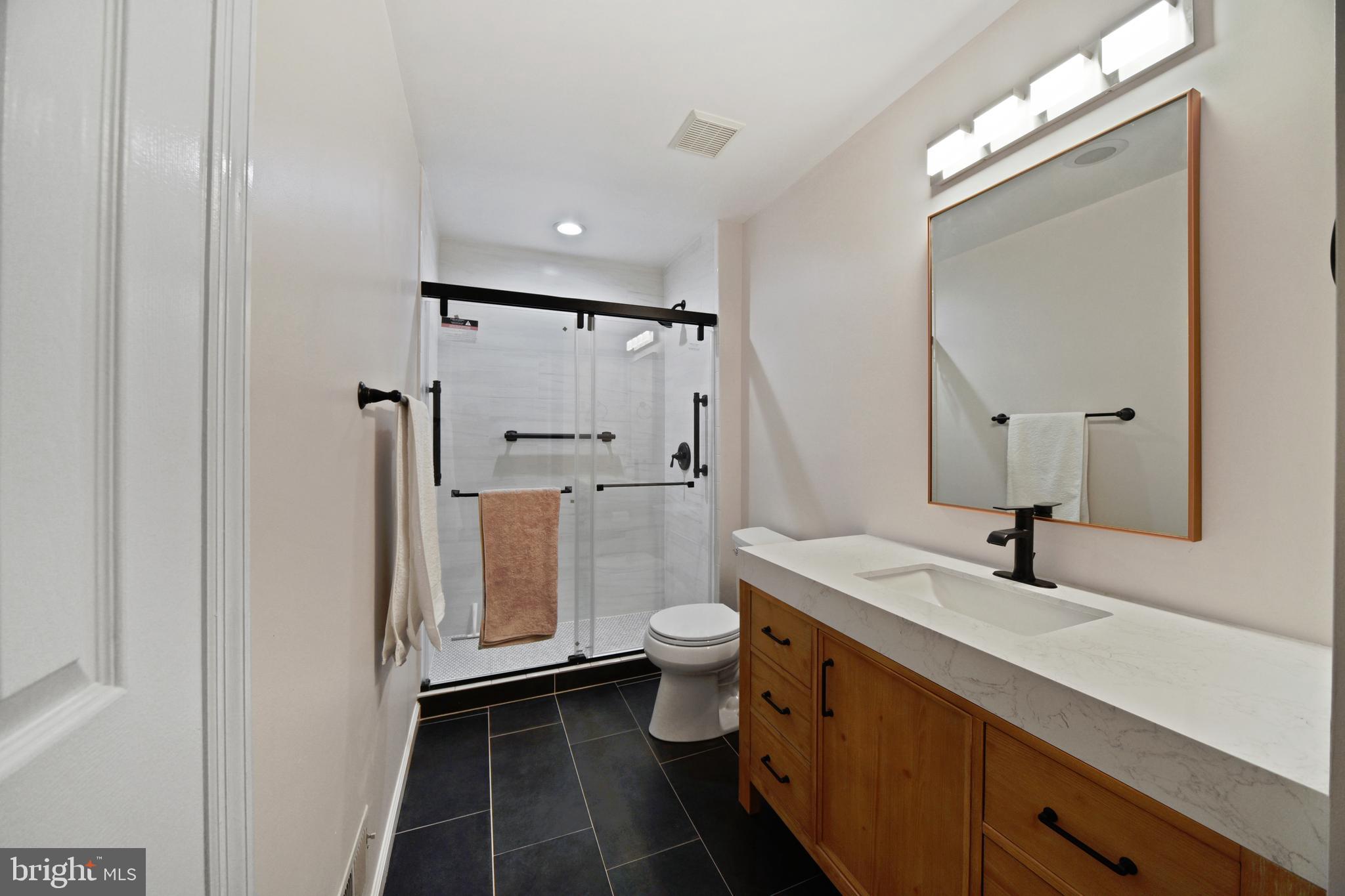 9729 Denrob Court Baltimore, MD 21234 - Photo 40 of 58 a bathroom with a sink a toilet a mirror and shower