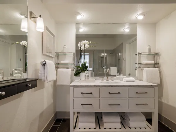a bathroom with a sink a double vanity and a mirror