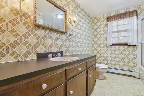 a bathroom with a granite countertop sink a toilet and shower