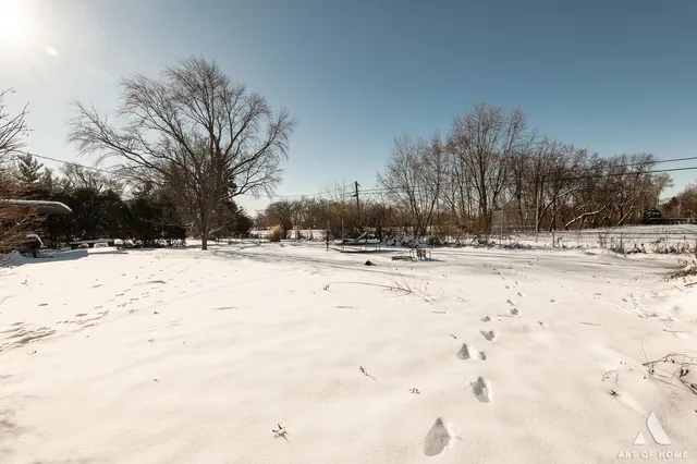 a view of a yard with snow on the road