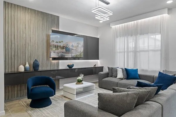 a living room with furniture and a large window