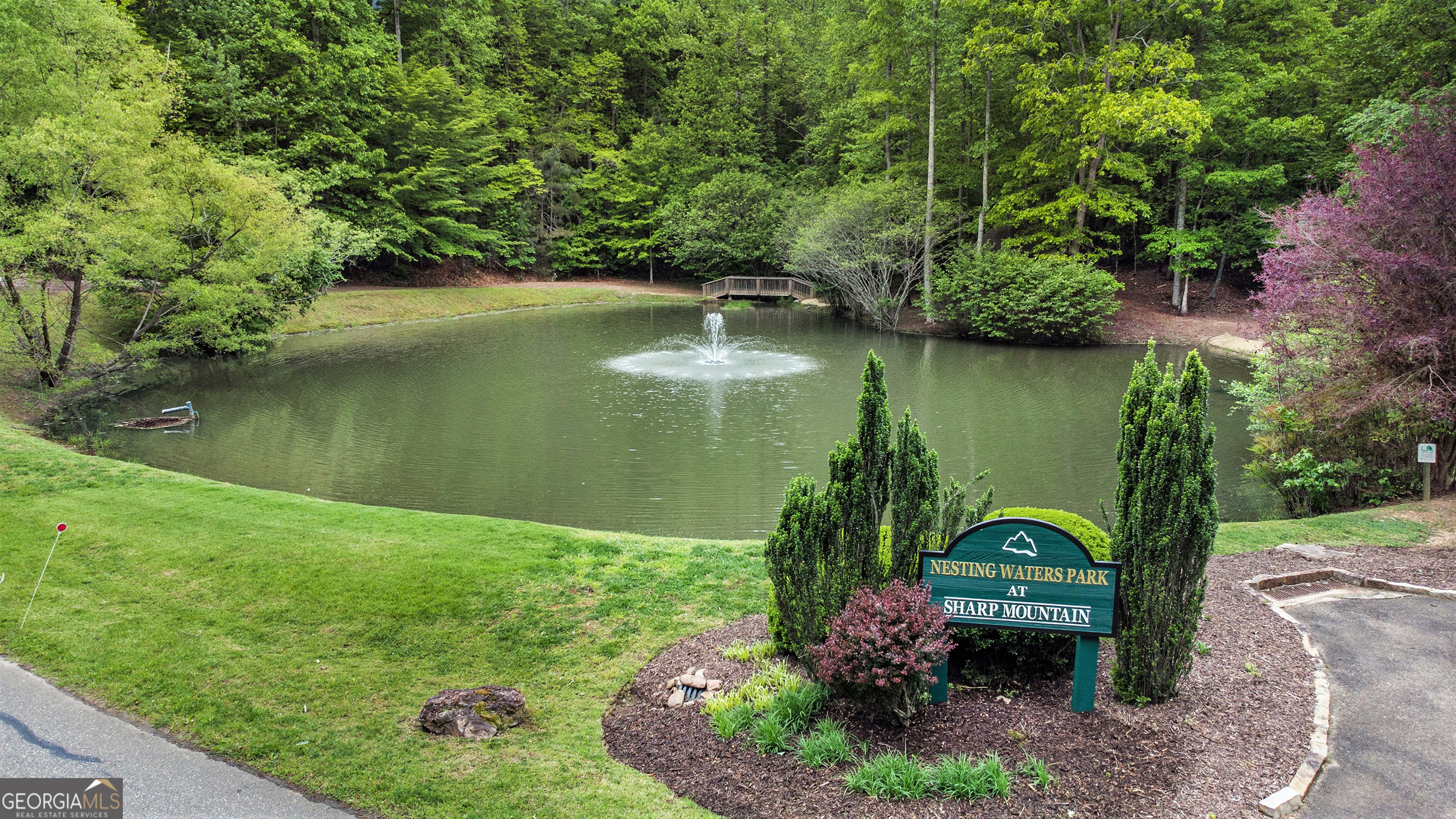 a view of a garden with a lake view