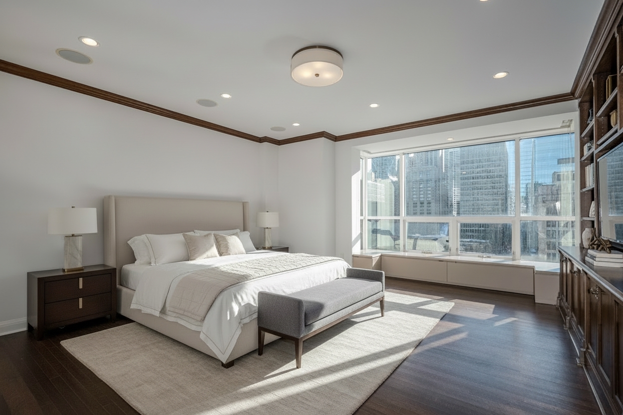 270 East Pearson Street, Unit 701801 Chicago, IL 60611 - Photo 14 of 19 a bedroom with a large bed and a large window