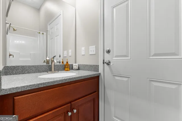 a view of a garage with storage