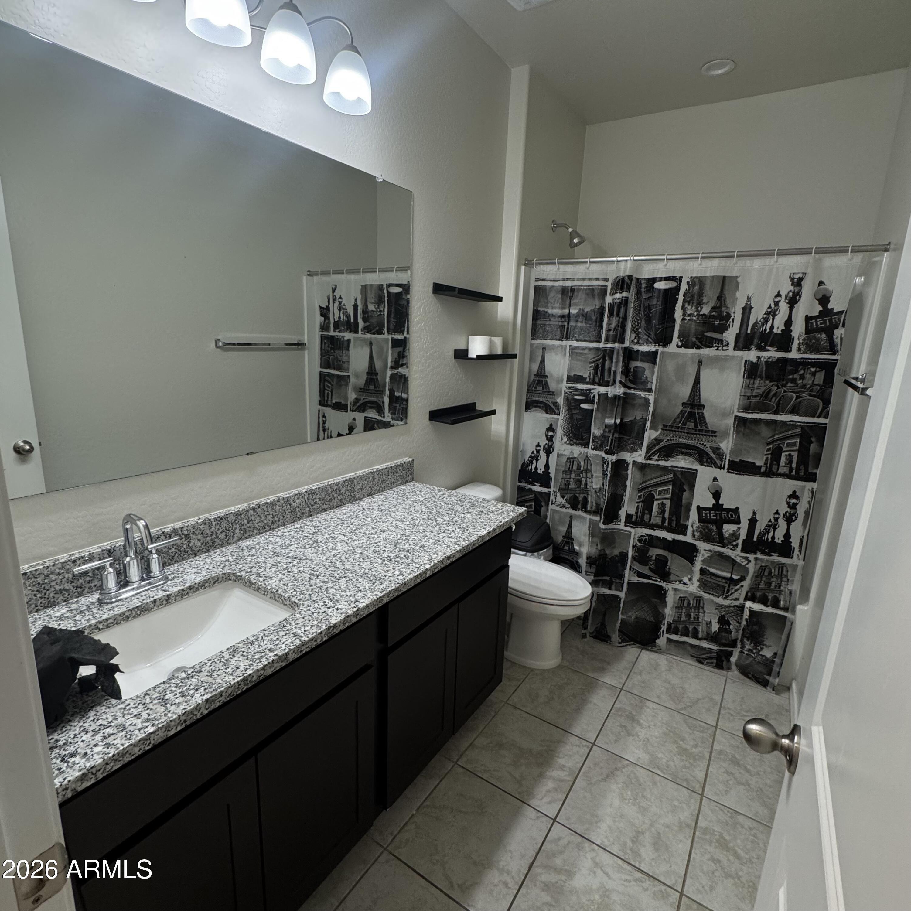 5208 East Emery Road San Tan Valley, AZ 85143 - Photo 21 of 30 a bathroom with a granite countertop sink a toilet and shower