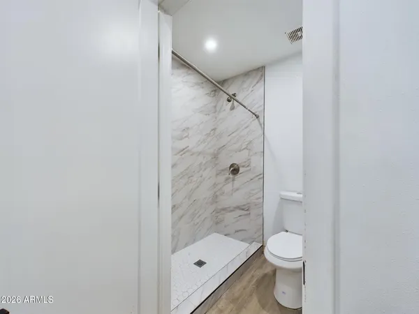 a bathroom with a toilet and a shower