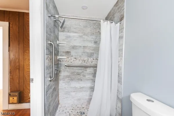 a bathroom with a shower and a toilet