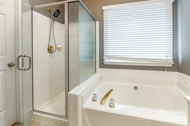 a bathroom with a tub and a shower