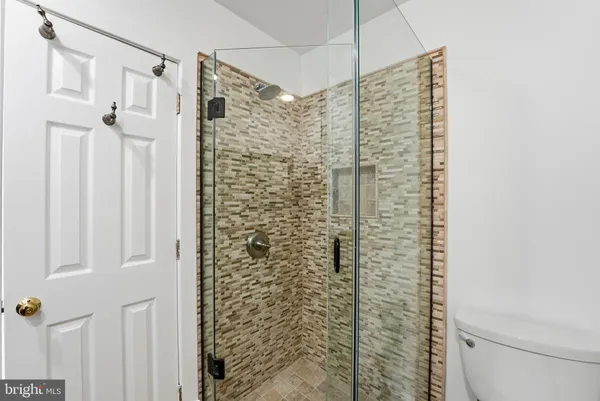 a bathroom with a shower curtain and a toilet