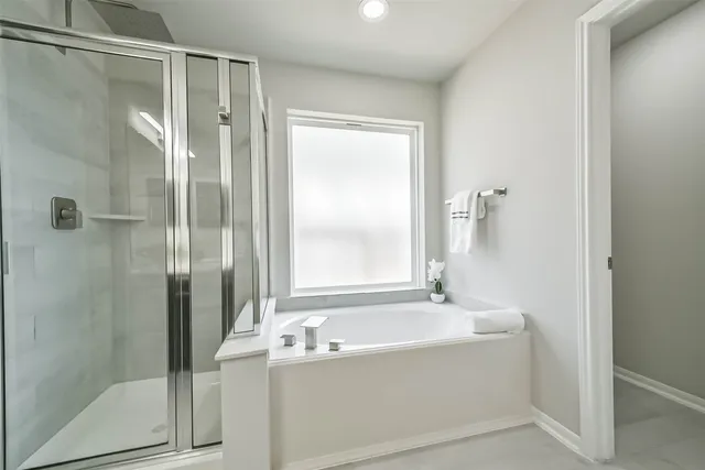 a bathroom with a bathtub and a shower