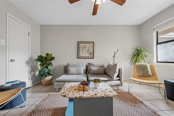 a living room with furniture and a potted plant