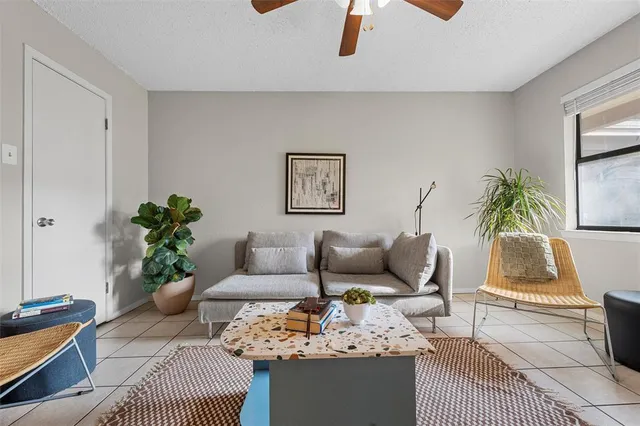 a living room with furniture and a potted plant