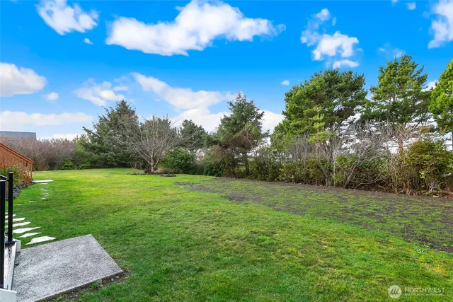 a view of a big yard with a house in the background