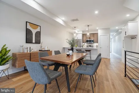 a view of a dining room with furniture and wooden floor