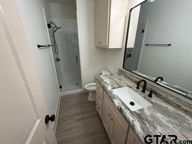 a bathroom with a sink and mirror with toilet