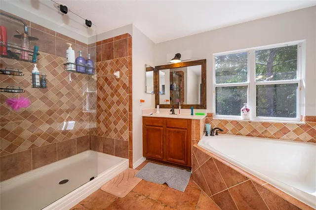 a bathroom with a tub sink and mirror
