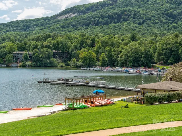 a view of a lake with a yard and large trees