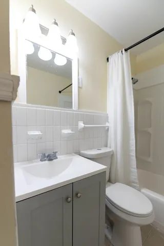 a bathroom with a sink a toilet a mirror a vanity and shower
