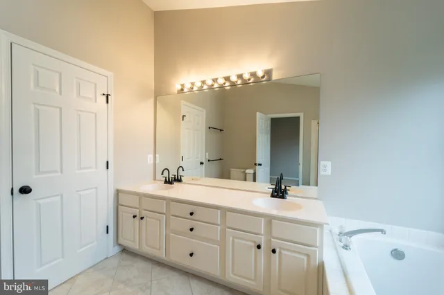 a bathroom with a double vanity sink a large mirror a bathtub and
