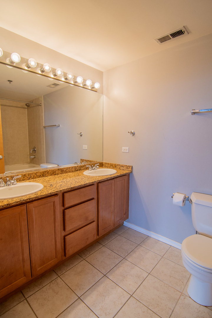 6 South Laflin Street, Unit 808 Chicago, IL 60607 - Photo 8 of 13 a bathroom with a granite countertop sink and a mirror