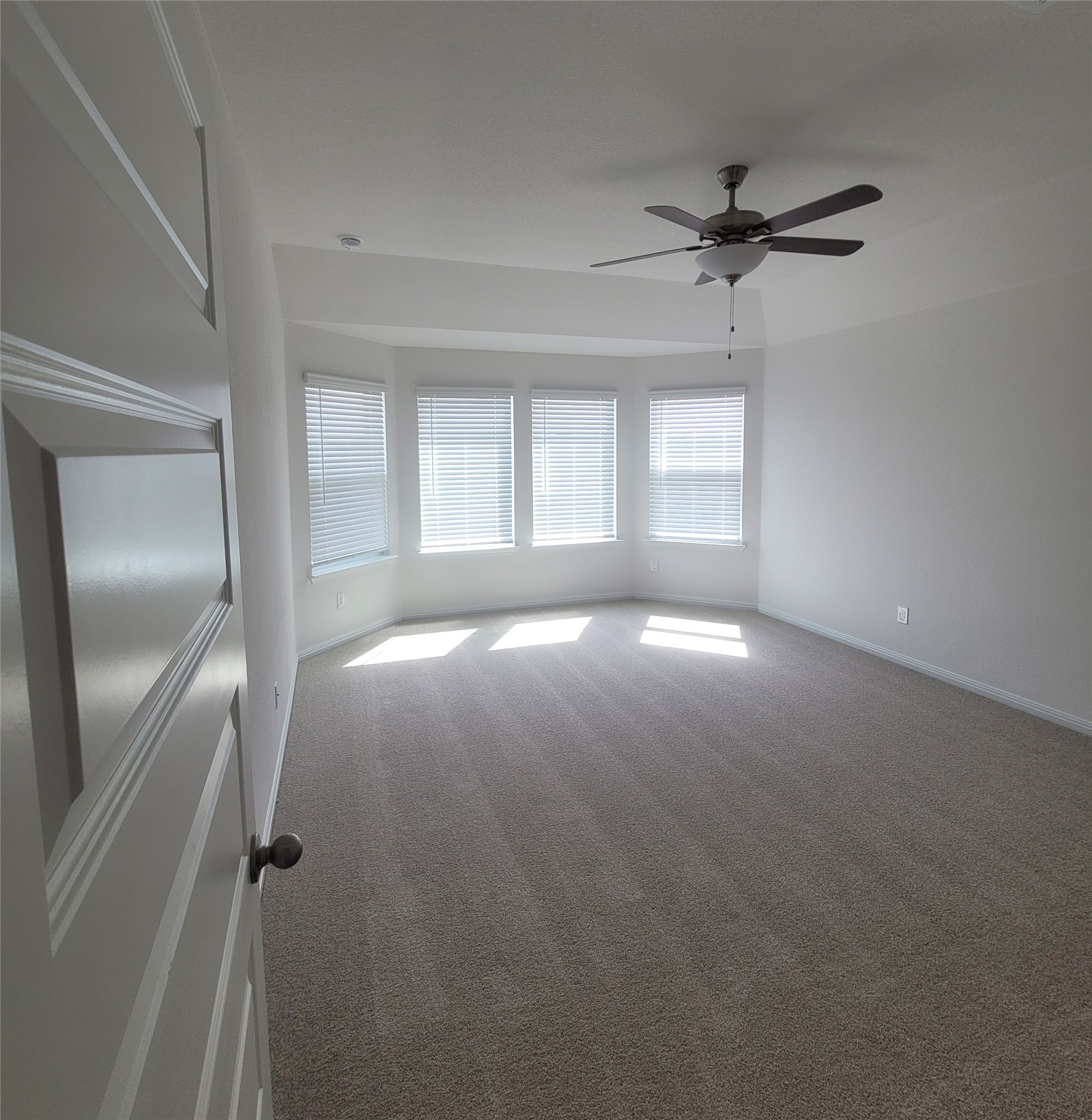 200 Callahan Loop Buda, TX 78610 - Photo 6 of 13 Spacious room featuring a bay window with multiple individual windows, neutral carpeting, a ceiling fan with integrated lighting, and crown molding