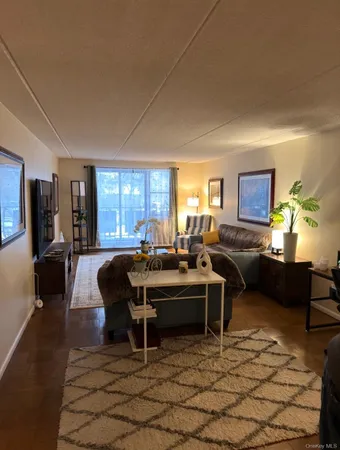 a living room with furniture a rug and a large window