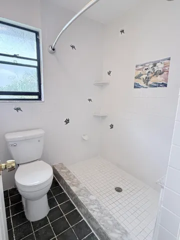 a bathroom with a toilet and a shower