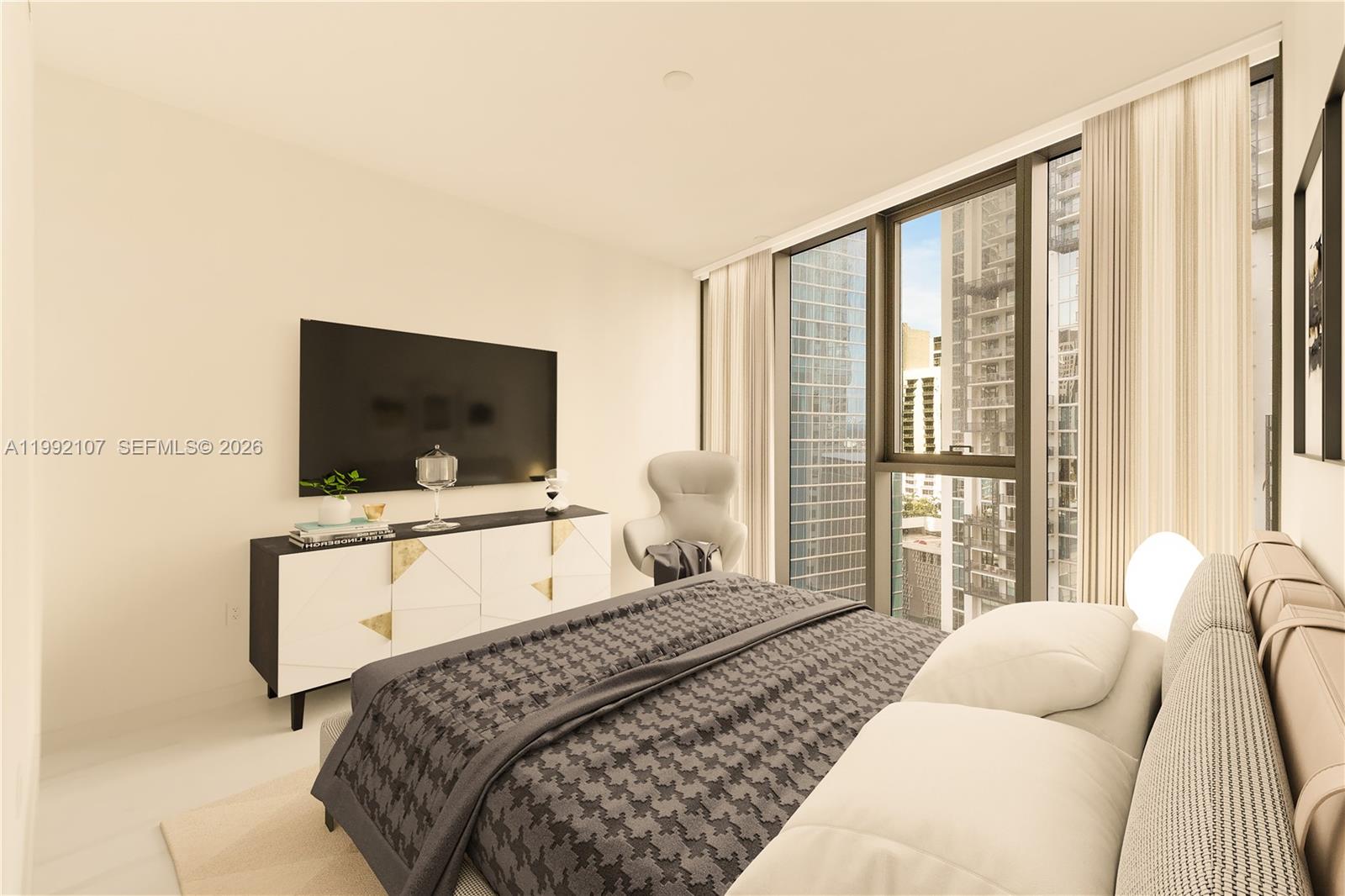 300 Biscayne Blvd Way, Unit 2103C Miami, FL 33131 - Photo 27 of 41 a bedroom with a bed television window and couch
