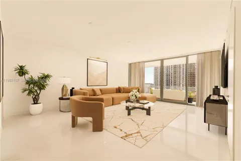 a living room with furniture and floor to ceiling window
