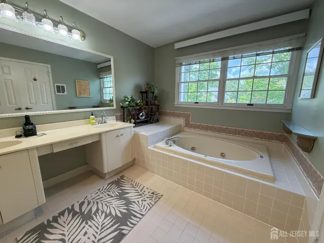 a bathroom with a tub a sink and a bathtub