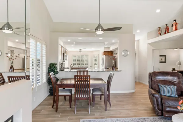 a view of a dining room with furniture
