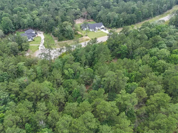 an aerial view of residential houses with outdoor space and trees