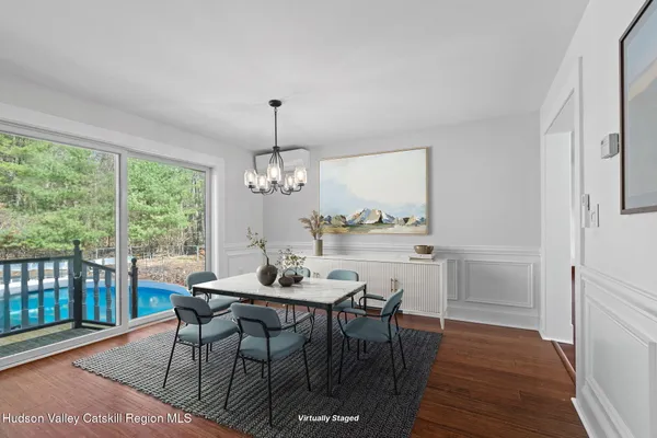 a view of a dining room with furniture window and wooden floor