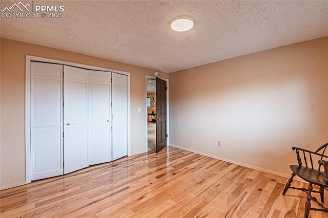 7175 Higher Ridges Court Colorado Springs, CO 80919 - Photo 33 of 50 Unfurnished bedroom with a closet, a textured ceiling, baseboards, and light wood-style floors