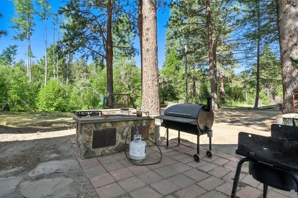 an outdoor space with seating