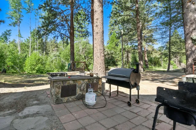 an outdoor space with seating