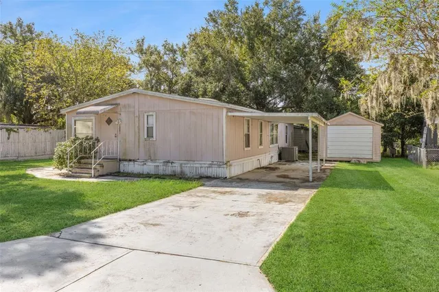 a backyard of a house with plants and large tree