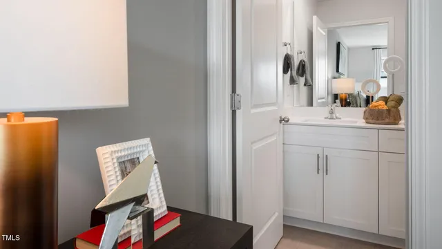 a bathroom with a sink mirror and vanity