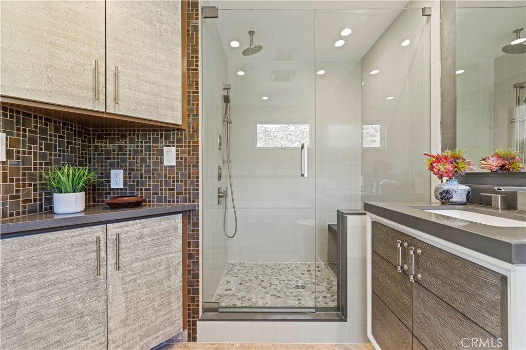 120 Rollins Road Chatsworth, CA 91311 - Photo 11 of 25 a bathroom with a sink a potted plant and a shower