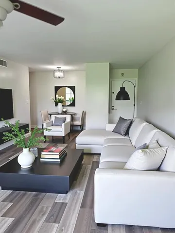 a living room with furniture and a potted plant